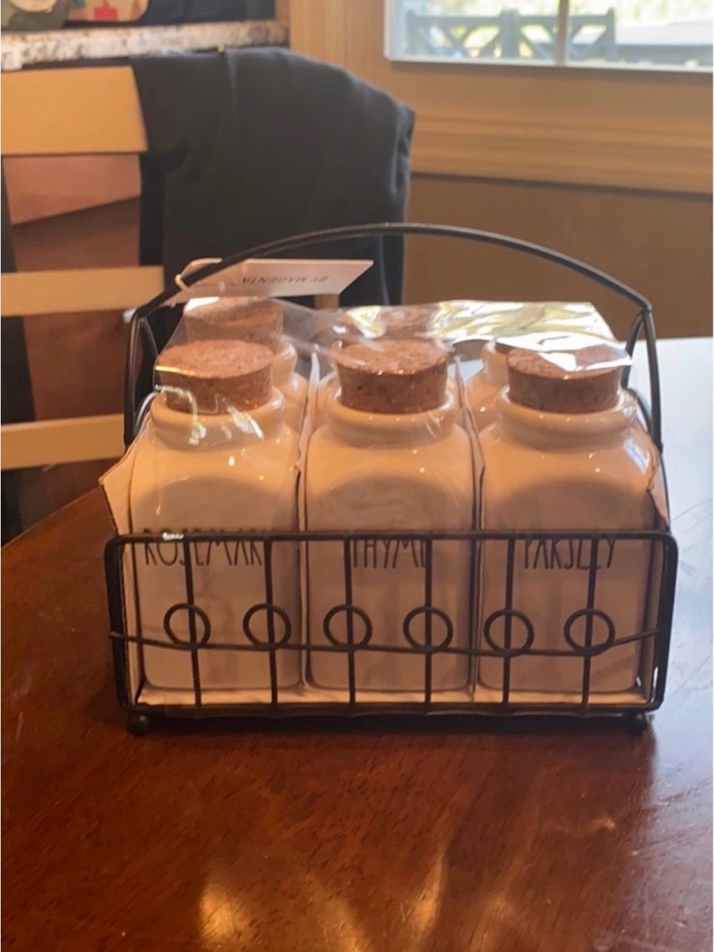 Rae dunCeramic Spice Jar Set with Cork Tops in White - 6 Pieces with Metal Caddy